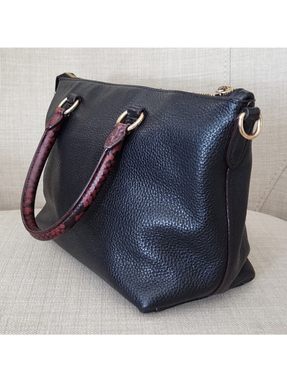 Coach Mini Emma Black Leather Satchel with Dark Brown Trim and Crossbody Strap - Picture 5 of 12